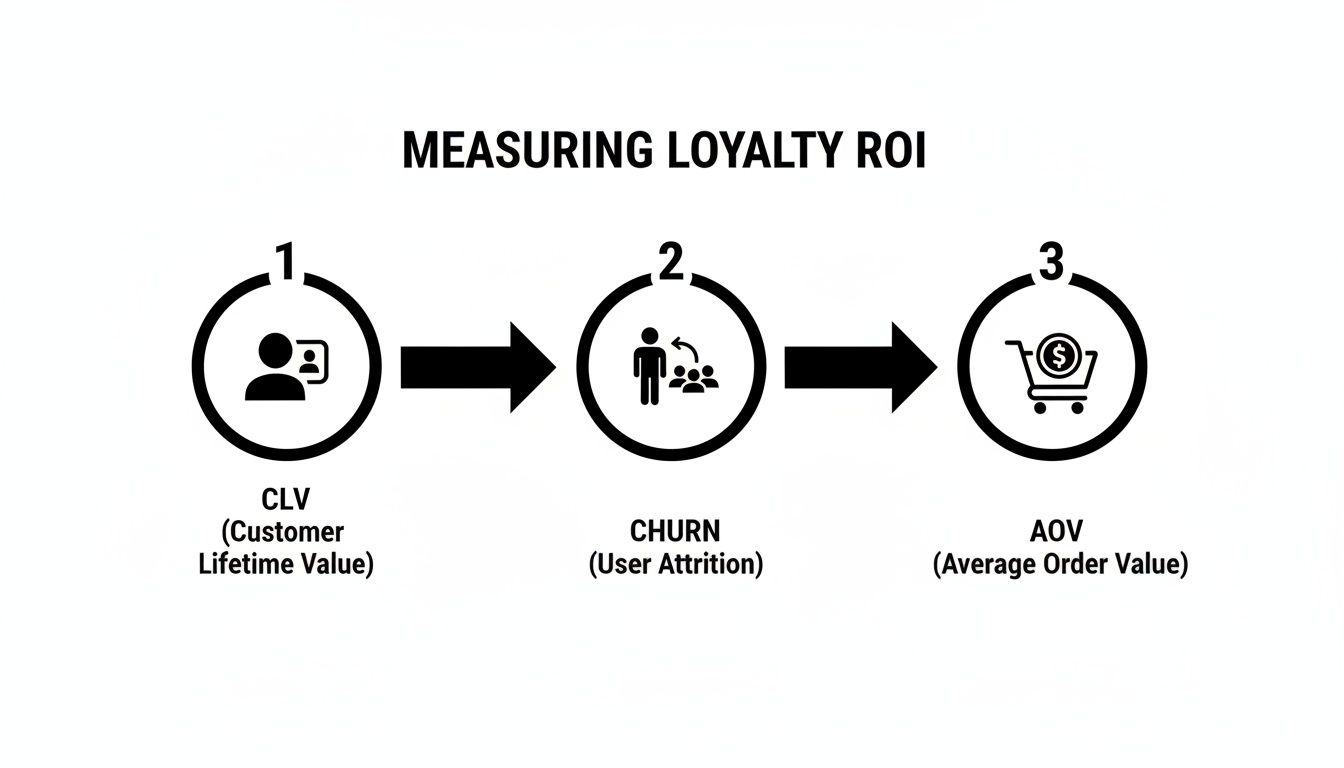 Flowchart showing three steps to measure loyalty ROI: Customer Lifetime Value, Churn, and Average Order Value.