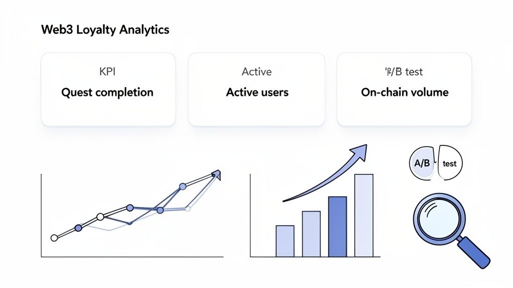 Web3 loyalty analytics dashboard displaying KPIs, active users, on-chain volume, and various data visualizations including graphs.