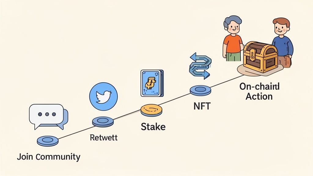 A step-by-step diagram illustrating a web3 rewards program journey with actions like joining, retweeting, staking, and NFTs.