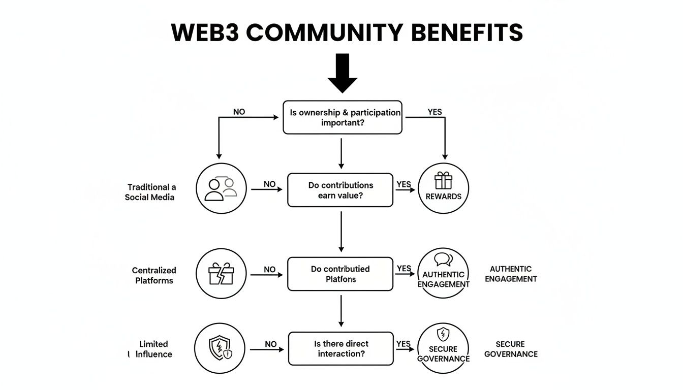 Flowchart illustrating Web3 community benefits through questions about ownership, contributions, and interaction, leading to various outcomes.