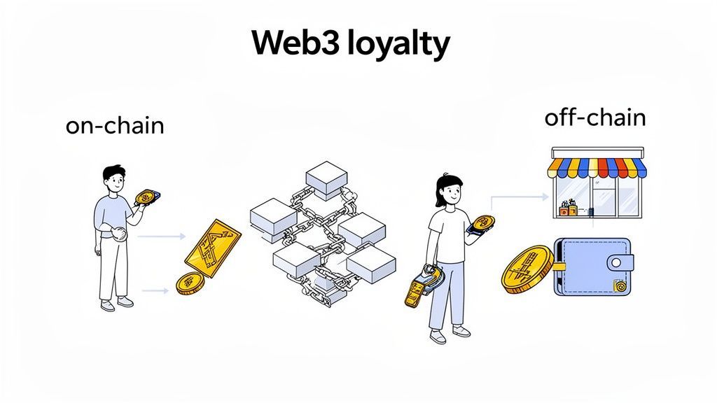 Illustration explaining Web3 loyalty: on-chain transactions via blockchain and off-chain with stores and wallets.