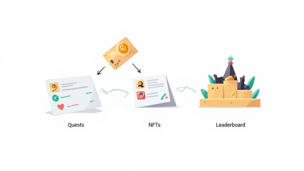 Illustration showing quests leading to NFTs, which then contribute to a leaderboard system.