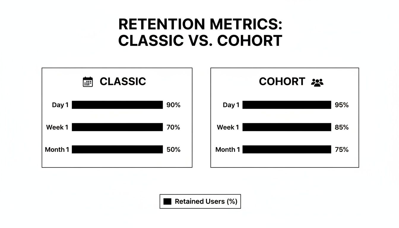 A bar chart comparing classic vs. cohort retention metrics, showing user retention percentages over time.