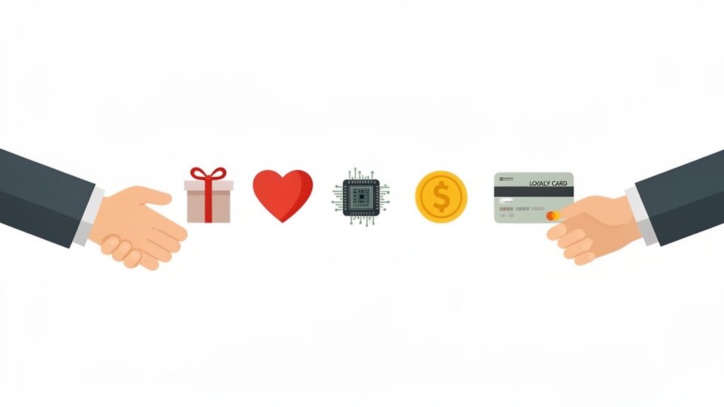 Hands, gift, heart, microchip, dollar coin, and loyalty card symbolizing business reward programs.