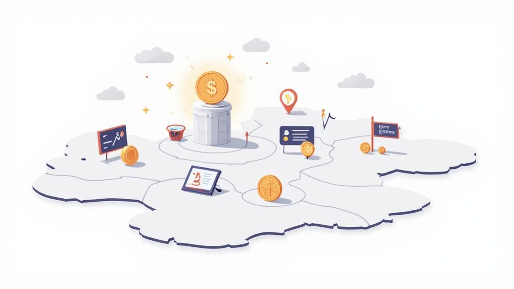 A visual representation of tokens and cryptocurrency floating in a digital space.