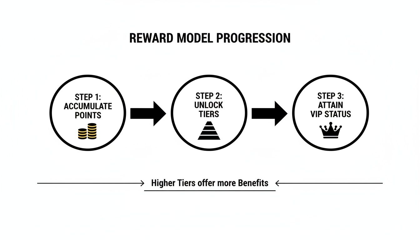 A diagram illustrates a reward model progression: accumulate points, unlock tiers, and attain VIP status, noting higher tiers offer more benefits.