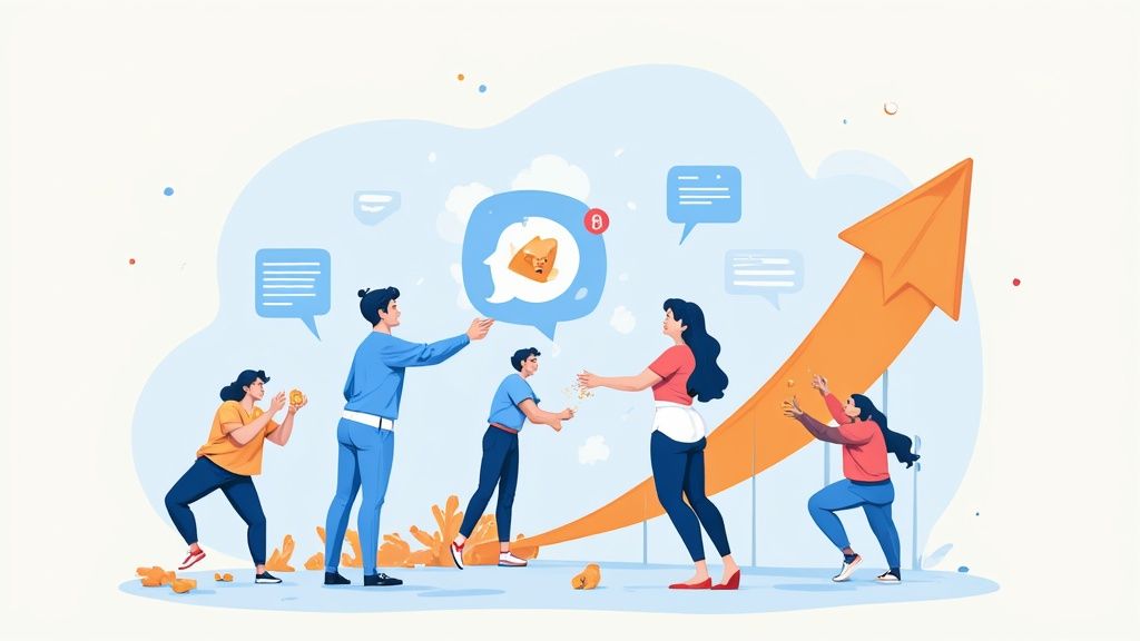 Illustration of a team working together with communication bubbles and an upward arrow symbolizing growth.