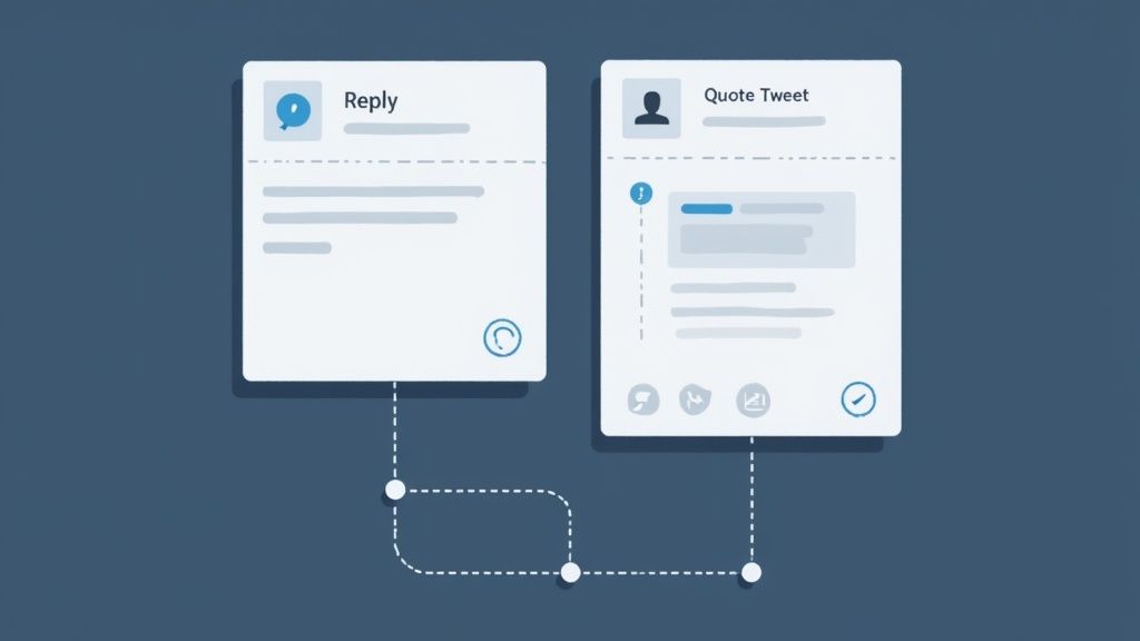 A person's hands typing on a laptop, with a close-up of the Twitter interface showing advanced reply options.