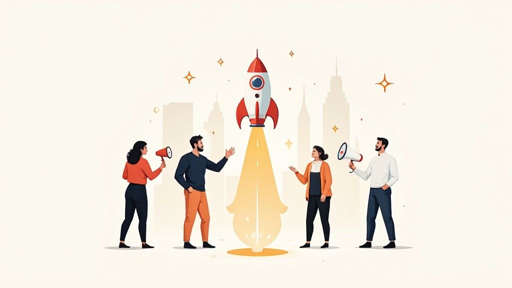 An illustration of people celebrating a rocket launch in a city, representing a business startup.