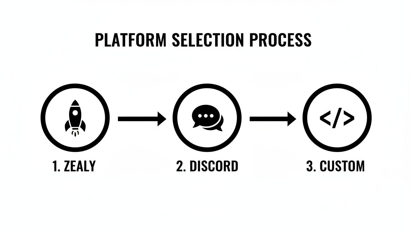 Flowchart outlining a three-step platform selection process: Zealy, Discord, and Custom options.