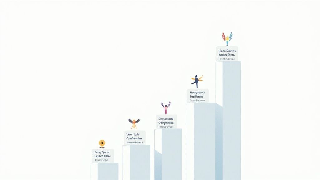 A gamified bar chart illustrating five levels of achievement with abstract character icons and text.