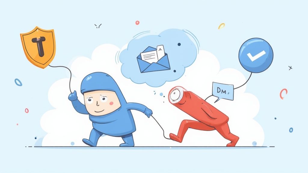 A person using a laptop with a security shield icon overlayed.