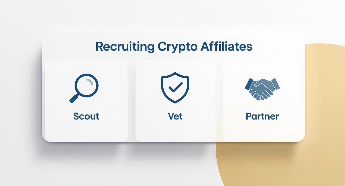 Infographic about affiliate marketing for cryptocurrency showing the process of scouting, vetting, and partnering with affiliates.
