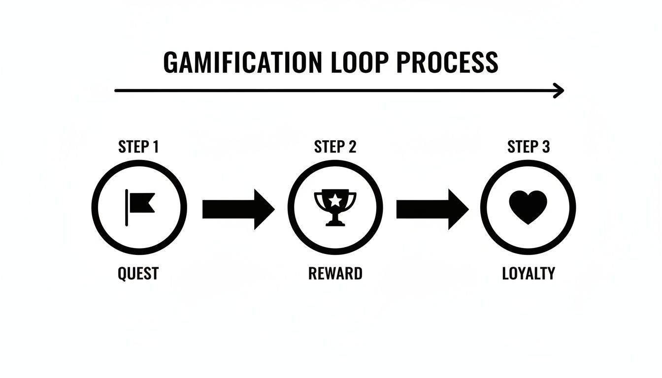 A black and white diagram illustrates the gamification loop process with three steps: quest, reward, and loyalty.