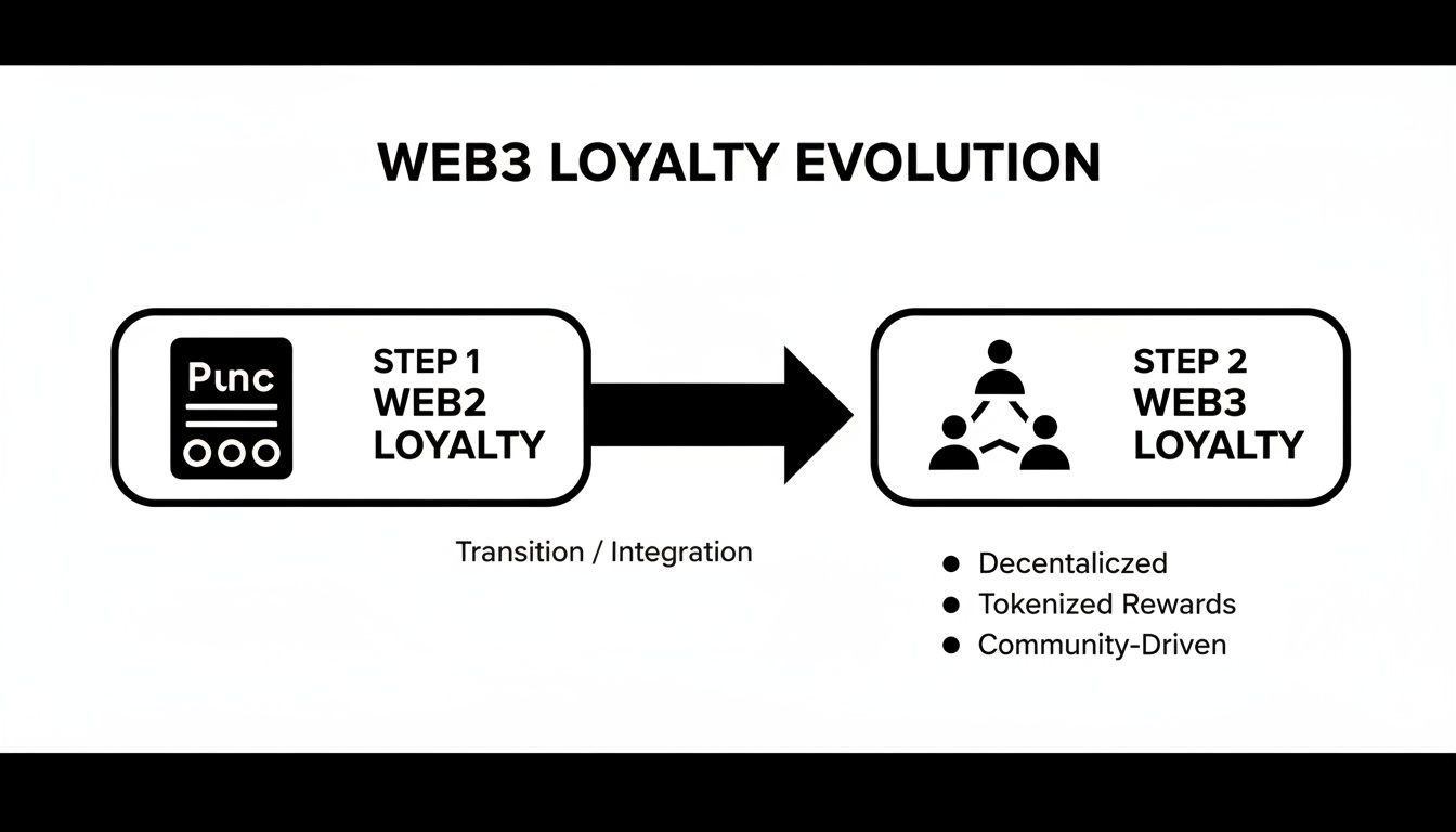 Diagram showing the evolution from Web2 loyalty with a loyalty card to Web3 loyalty, which is decentralized, tokenized, and community-driven.