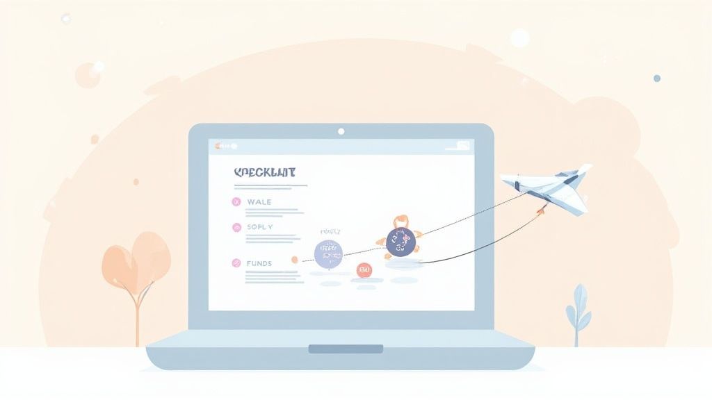 Laptop screen displaying checklist with connecting nodes and paper airplane illustration representing digital workflow