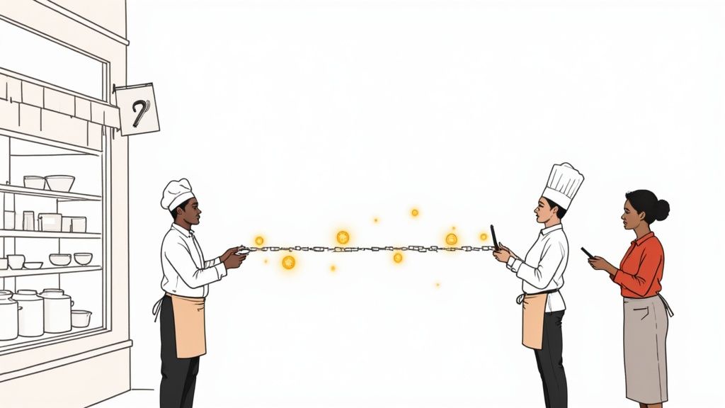 Two chefs and a woman hold a glowing digital chain, representing a connected system.