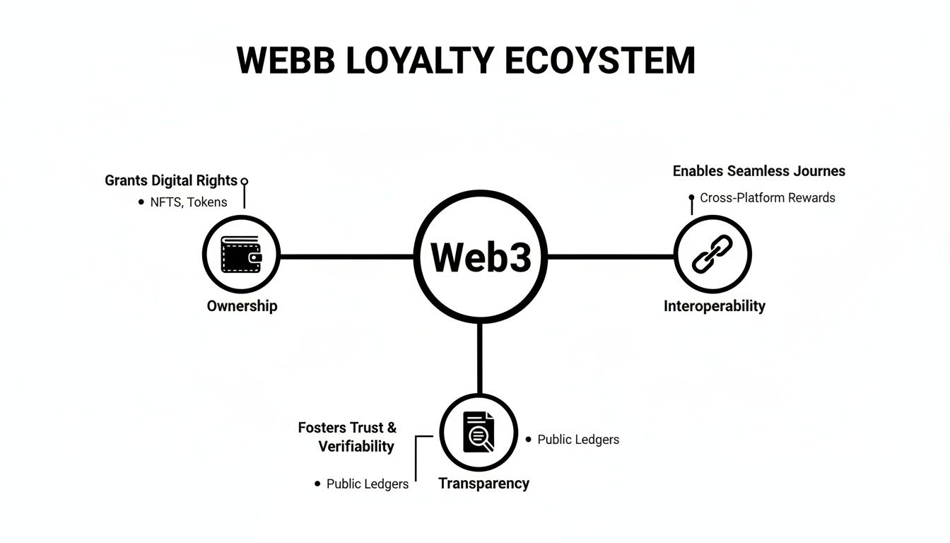 Diagram illustrating the Webb Loyalty Ecosystem centered around Web3, highlighting ownership, interoperability, and transparency.