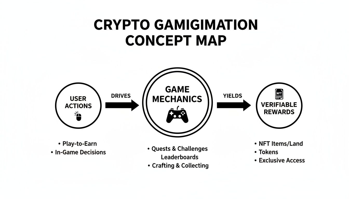 Concept map illustrating crypto gamification, showing user actions, game mechanics, and verifiable rewards.