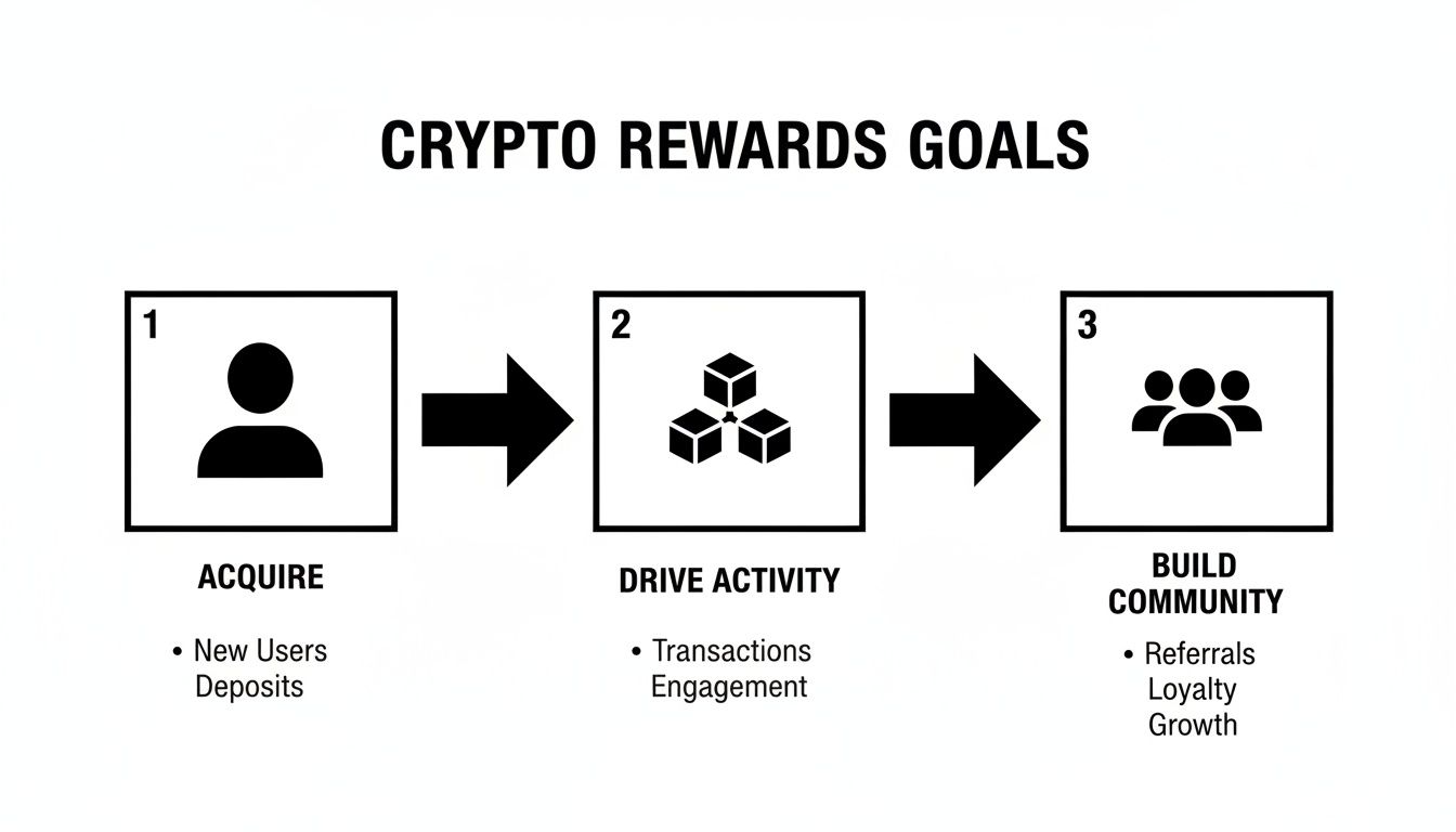 A flowchart illustrating crypto rewards goals: acquire users, drive activity, and build community.
