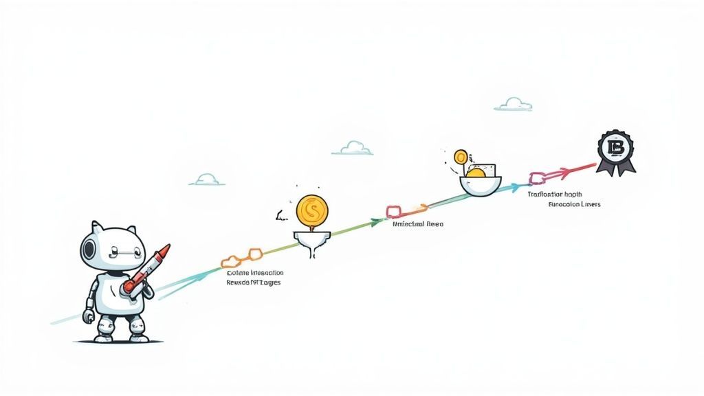 A cartoon robot draws a path with a crayon, illustrating a process with milestones and rewards.