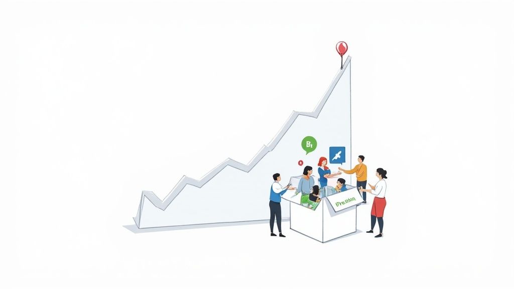 Illustration of a group of diverse people working together to build a large digital structure, symbolizing community building for an NFT project.