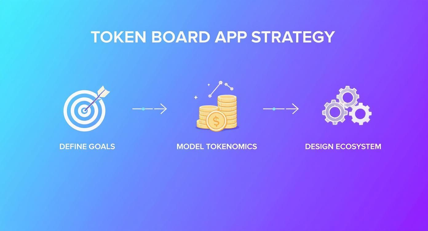 Token board app strategy infographic showing three steps: define goals, model tokenomics, and design ecosystem