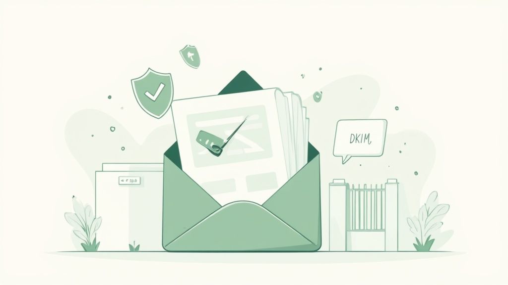 Illustration of an open envelope with secure email documents, including DKIM and security shields.