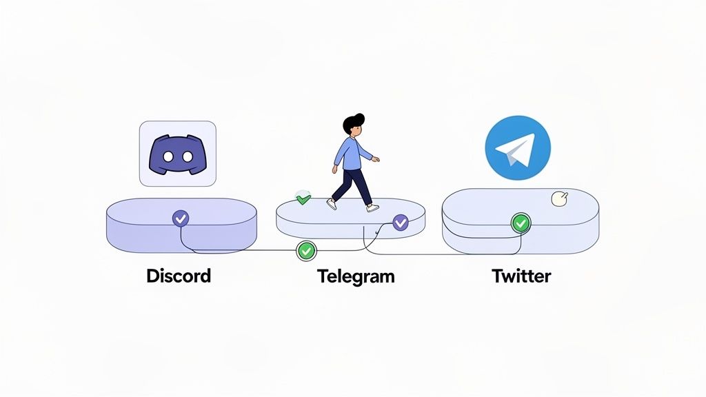 An illustration of a person moving between Discord, Telegram, and Twitter platforms, showing digital connectivity.