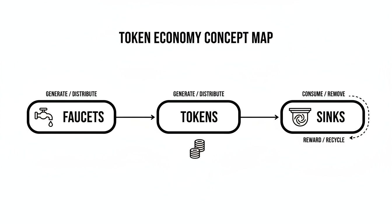 A concept map visually explaining the token economy lifecycle: faucets generate tokens, which sinks consume and recycle.