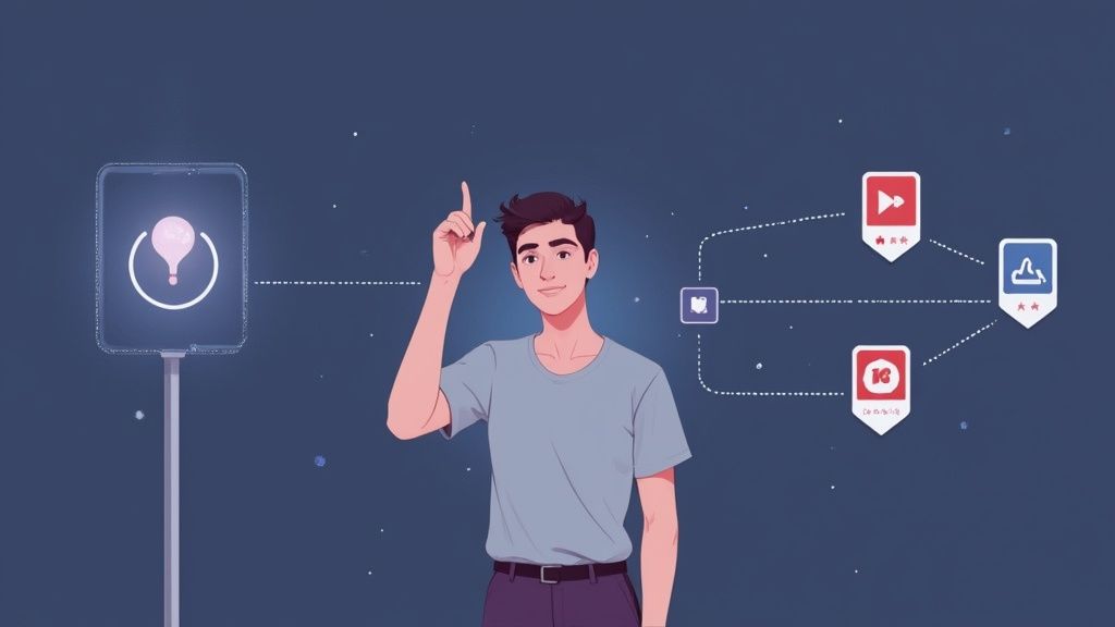 A young man points to a glowing lightbulb connected to a diagram of web3 gamification concepts.