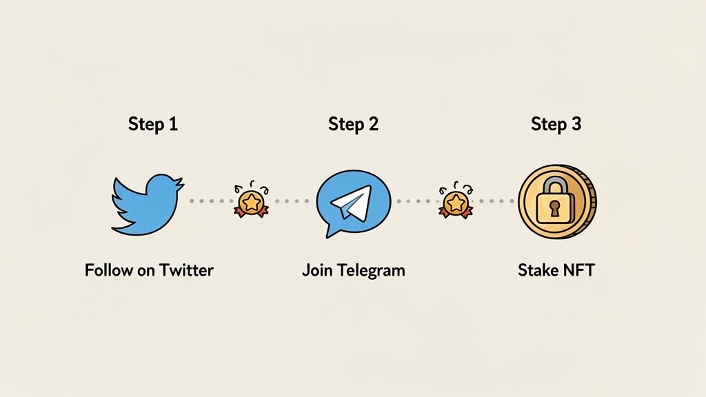 Three-step crypto rewards program: follow Twitter, join Telegram, and stake an NFT.