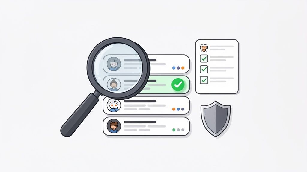 A magnifying glass inspecting user profiles, with a verified account, checklist, and security shield.