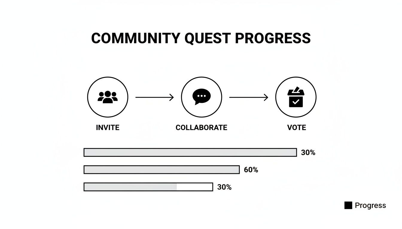 Infographic displaying community quest progress stages (invite, collaborate, vote) and corresponding completion percentages.