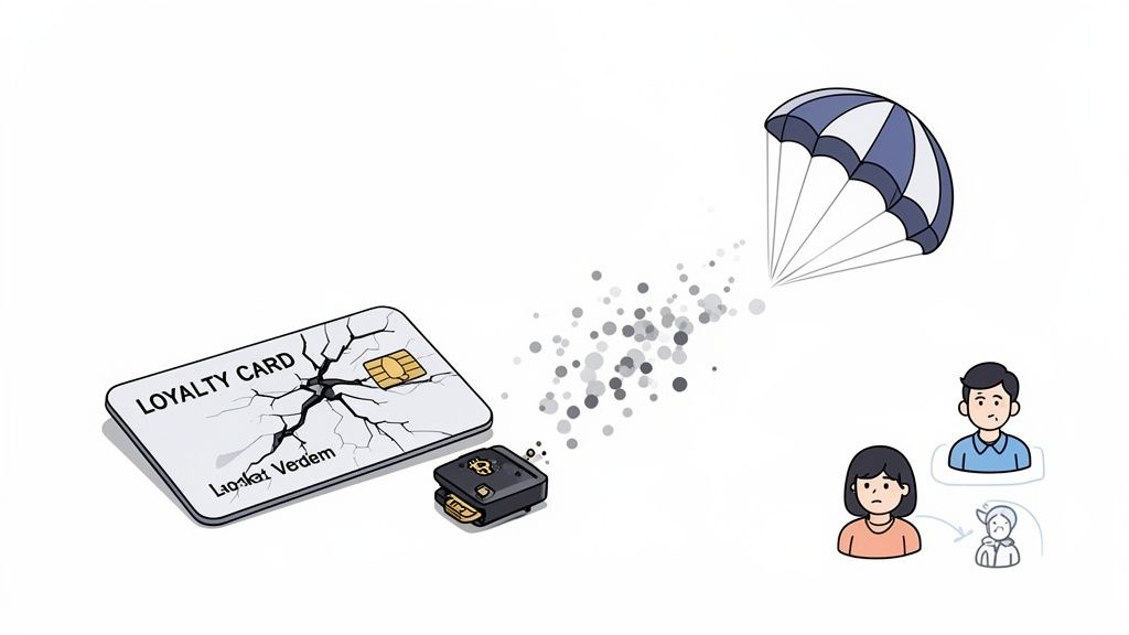 A cracked loyalty card and digital token with particles, a parachute, and customer figures.