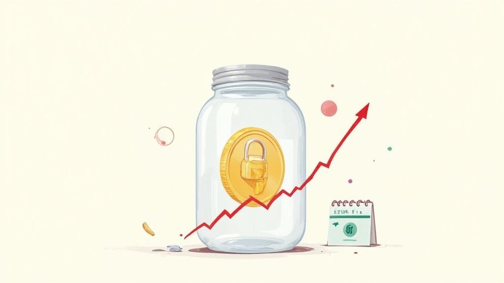 A person looking at a volatile crypto chart on a screen, with a padlock icon overlaying it, symbolizing locked funds during a market downturn.