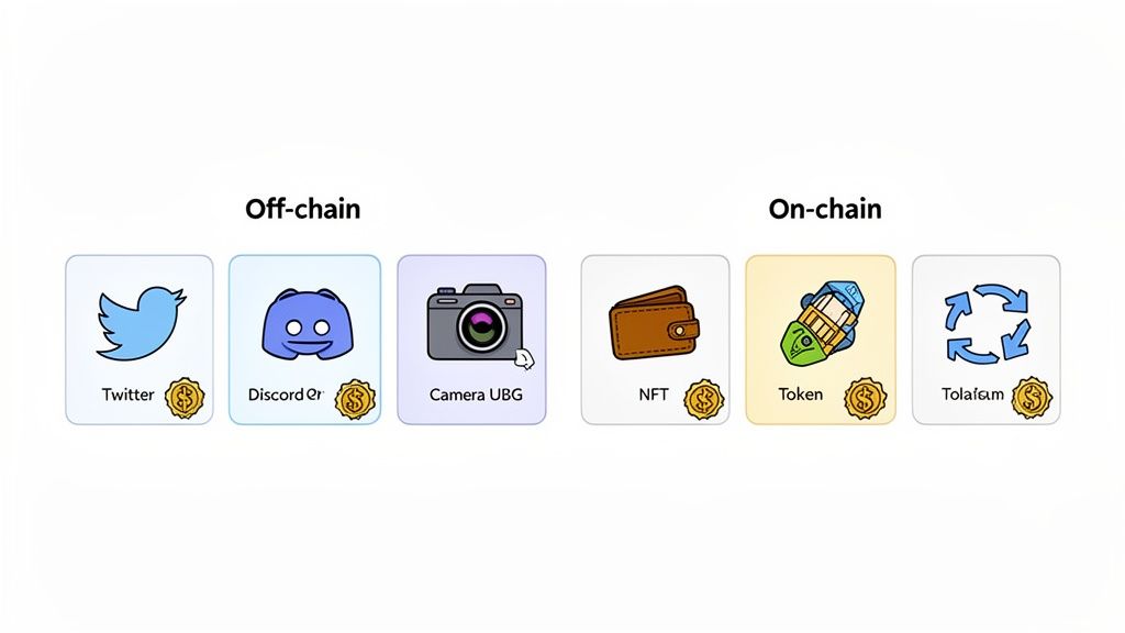 Comparison of off-chain services (Twitter, Discord, Camera) and on-chain assets (NFT, Token, Tolafam) with money icons.