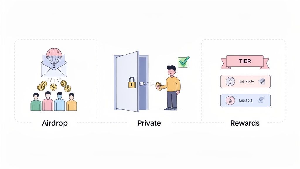 Illustrative diagram showing airdrop, private access with a key, and tiered rewards for users.