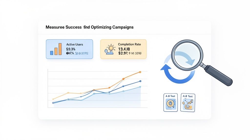 A digital dashboard displaying campaign performance metrics, trends, active users, completion rates, and A/B testing.