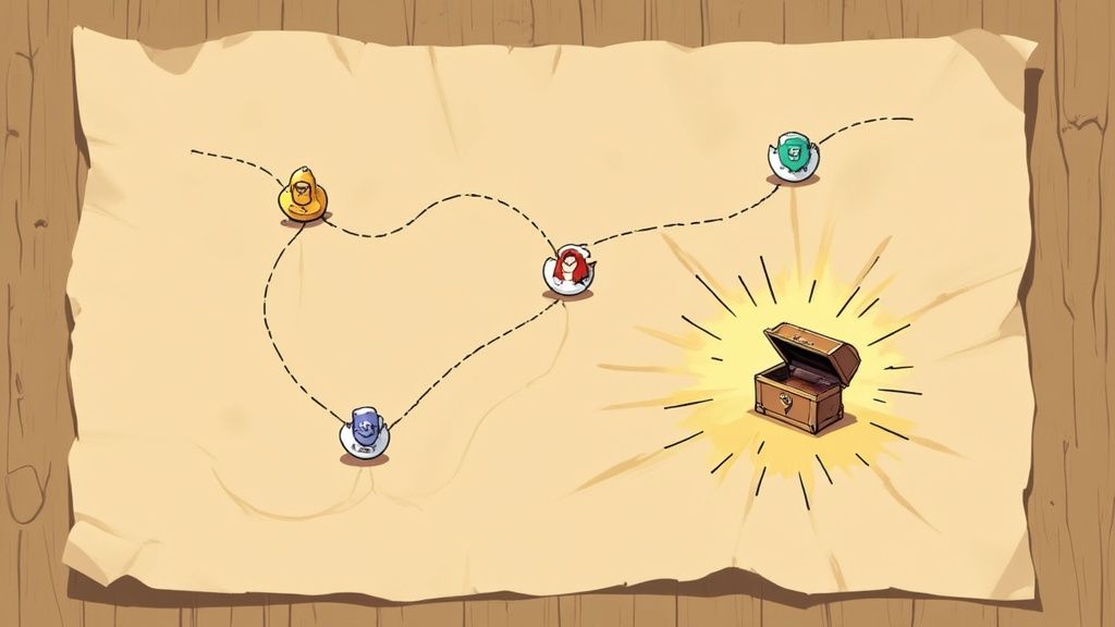 Treasure map showing dotted path connecting four colored waypoints leading to glowing treasure chest