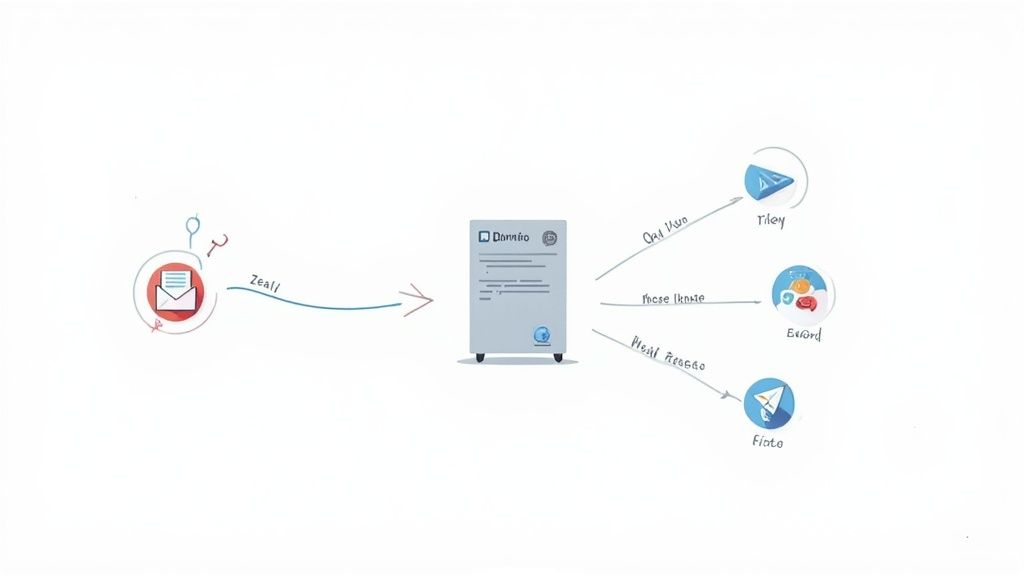 A diagram illustrates email processing by Domnio, distributing messages to Riley, Exford, and Floto services.