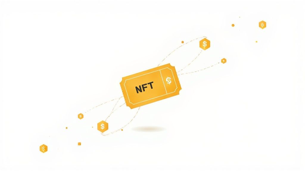 A digital illustration of a rocket ship launching from a coin, symbolizing the start of an NFT project