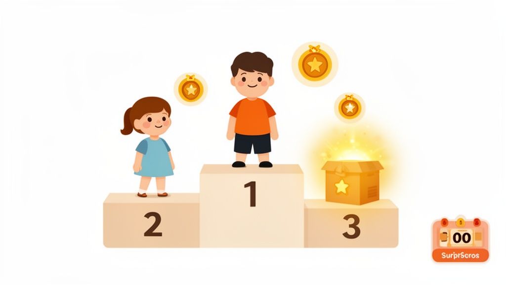 A cartoon boy on first place, a girl on second, and a glowing prize box on third place podium.