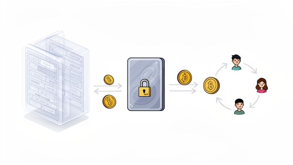 Illustration showing a blockchain ledger, a secure processing unit, and cryptocurrency transactions among users.