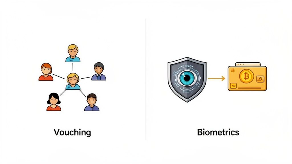 An illustration comparing identity verification: social vouching with linked people versus biometrics for crypto access.