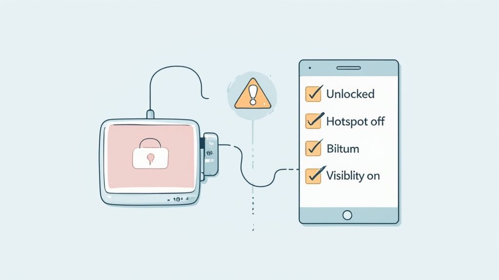 An illustration showing a user frustrated with their phone because AirDrop isn't working.