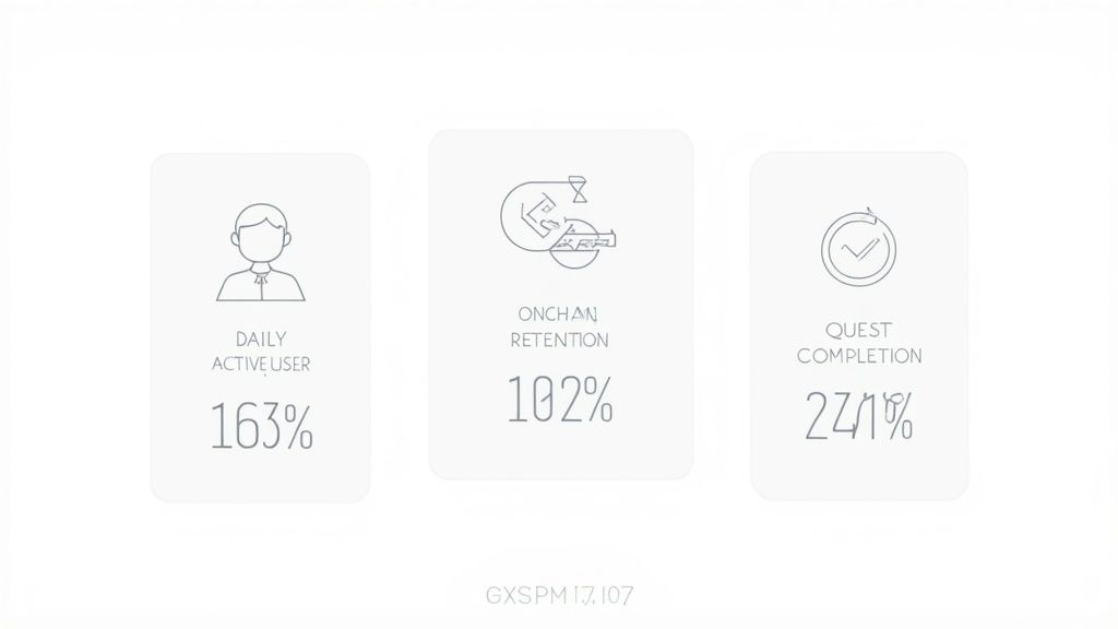 Three white cards display user engagement metrics: Daily Active User 163%, Onchan Retention 102%, and Quest Completion 271%.