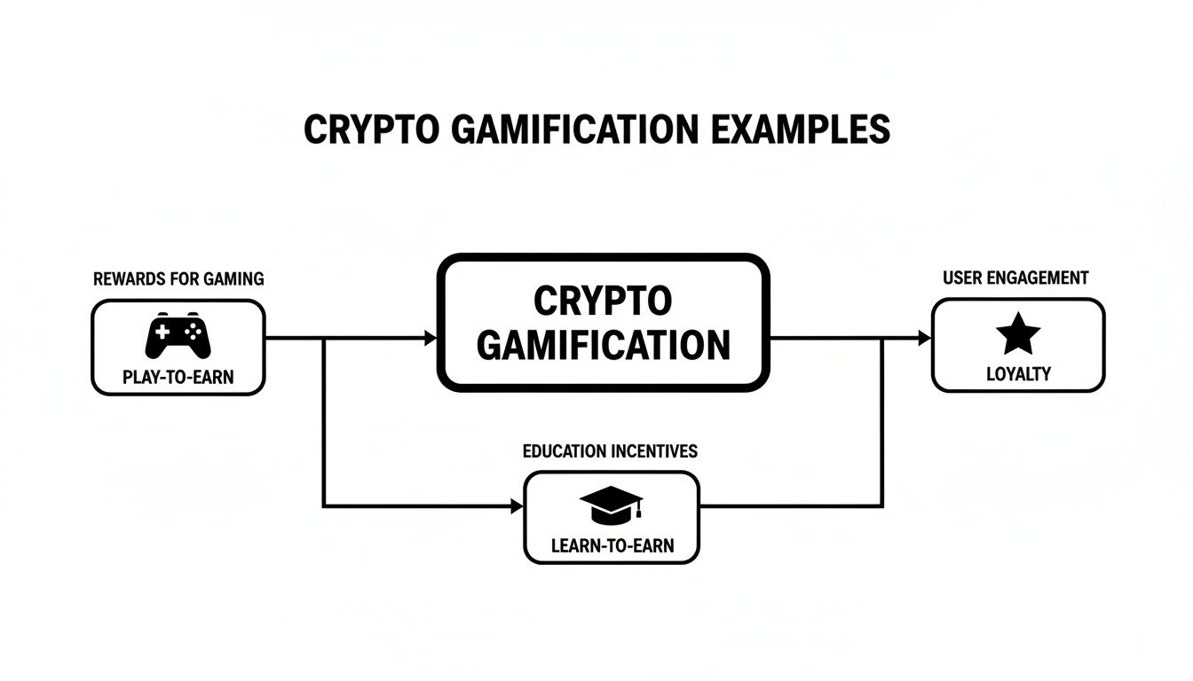 Diagram showing crypto gamification driven by play-to-earn and learn-to-earn, leading to user loyalty.