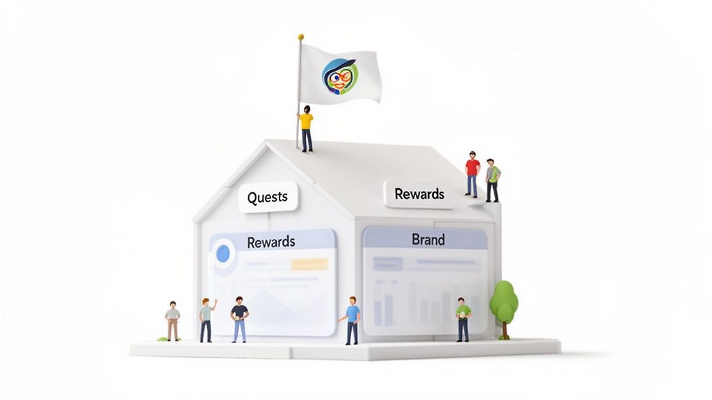3D illustration of a gamified platform house displaying 'Quests', 'Rewards', and 'Brand' sections with small figures.