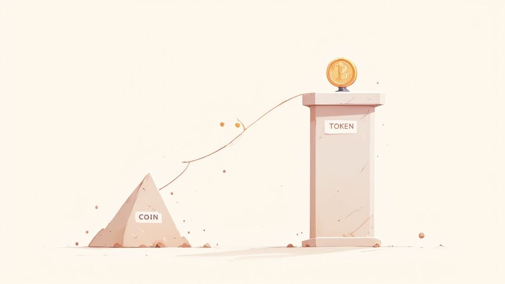 A visual representation of cryptocurrency coins and tokens, showing their relationship.